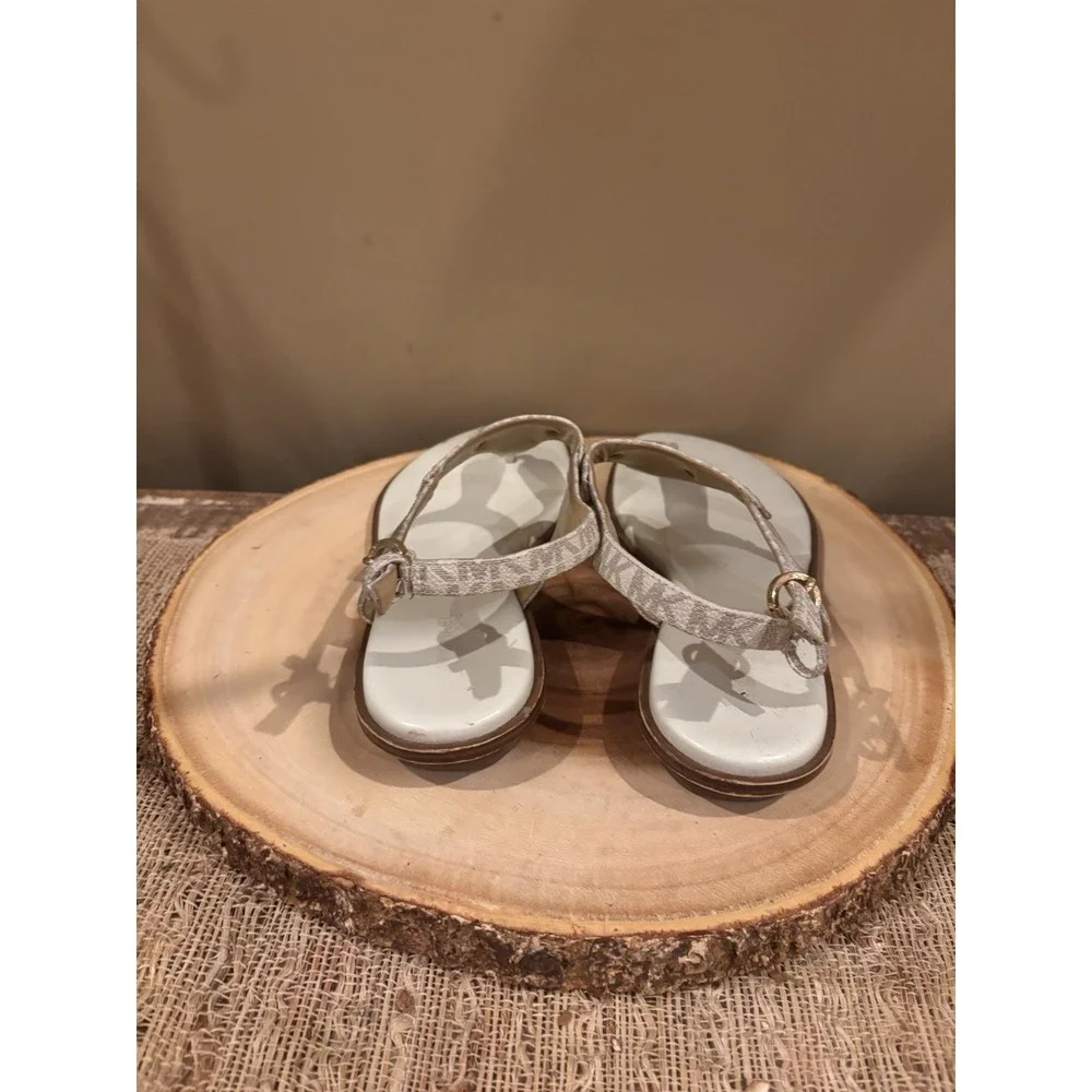 Michael Kors Women's MK Plate Logo Thong Flat Sandal - Vanilla - Canvas Logo 9.5